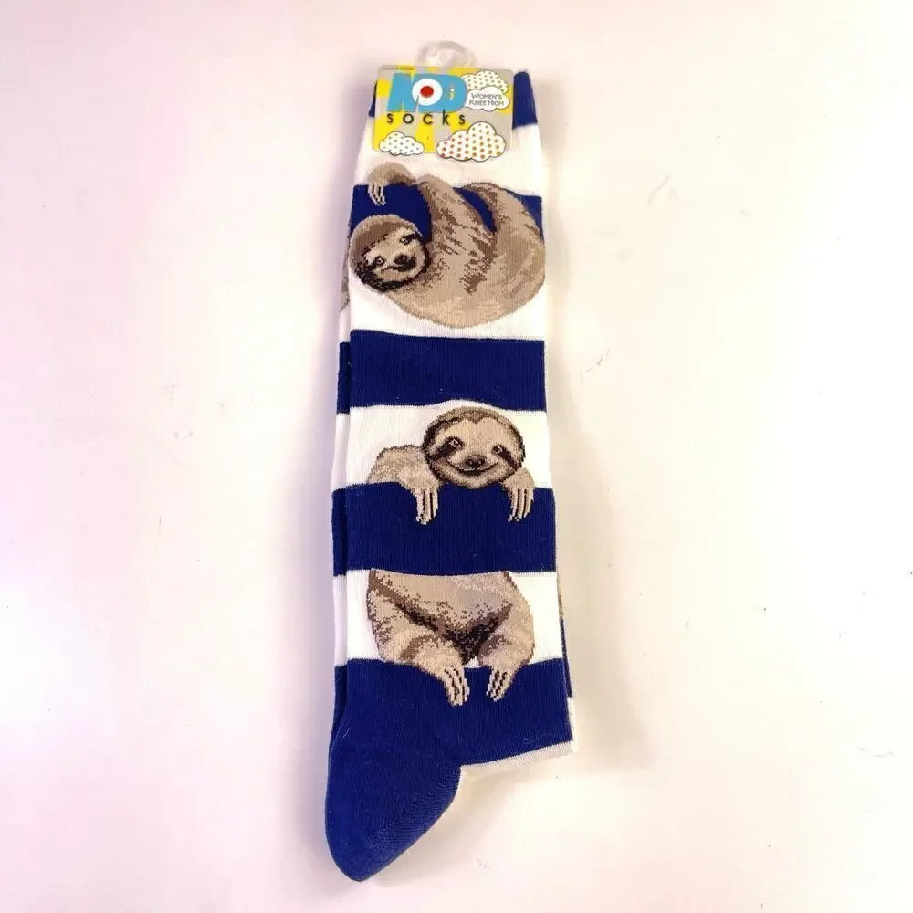 Mod Socks Women's Sloth Stripe Knee High Socks White Blue Size 9-11 Shoe 6-10